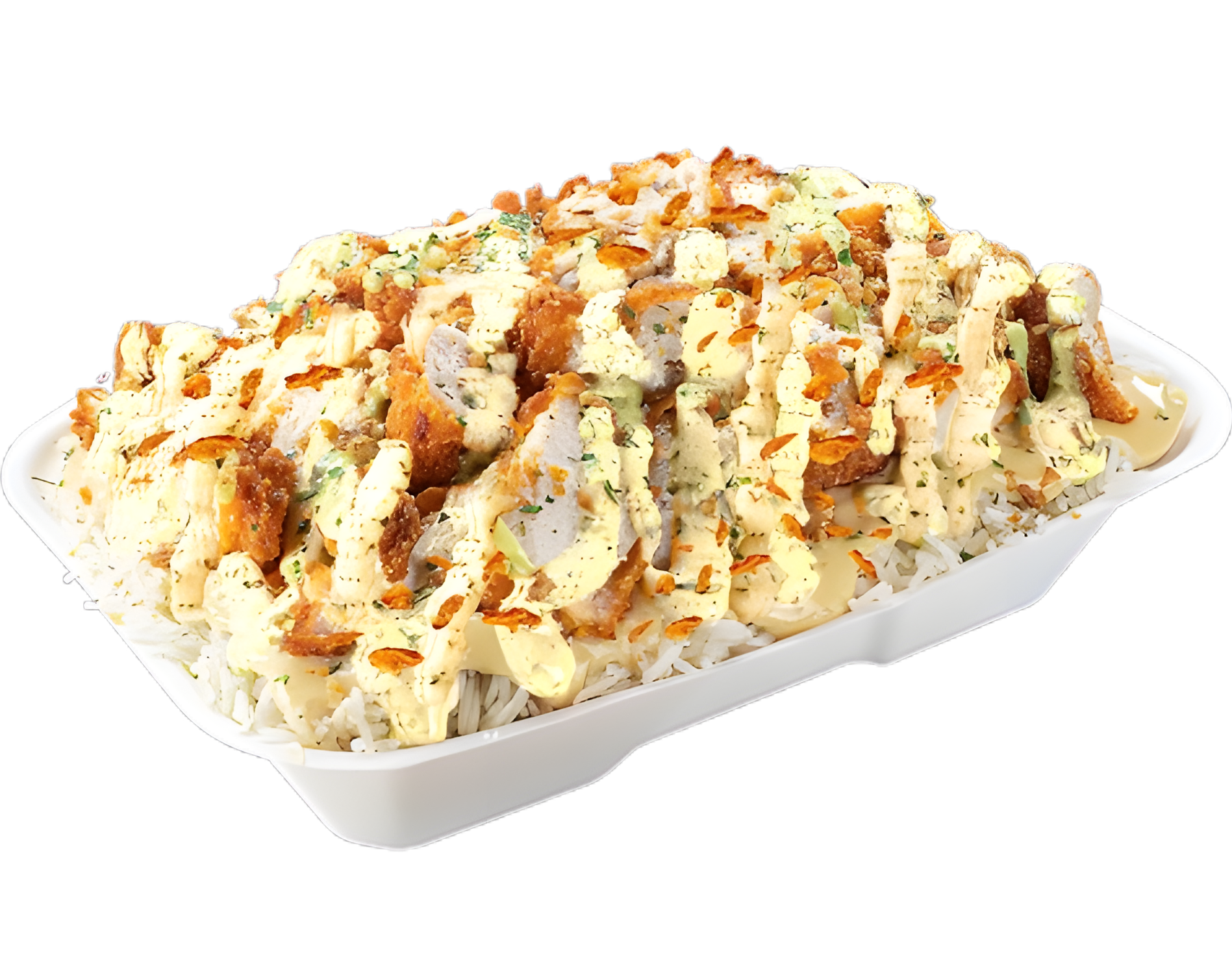 Fu'Riz — Riz, Poulet Croustillant, Sauce Maison Crème Boursin, Oignons Crispy, Persillade
