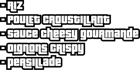 Riz, Poulet Croustillant, Sauce Cheesy Gourmande, Oignons Crispy, Persillade